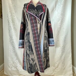 IVKO Long Wool Cardigan Sweater Jacket Brocade Gray Multi Size 10 Belgrade